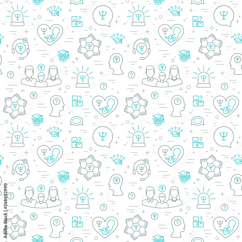 Psychology seamless pattern of gray-blue color. Psychology help linear  icons. Flat design. Vector Stock Vector
