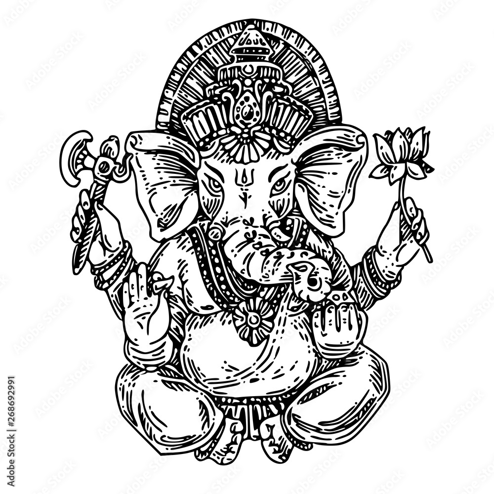 Lord Ganesha, elephant. God religion hinduism. Sketch. Engraving style