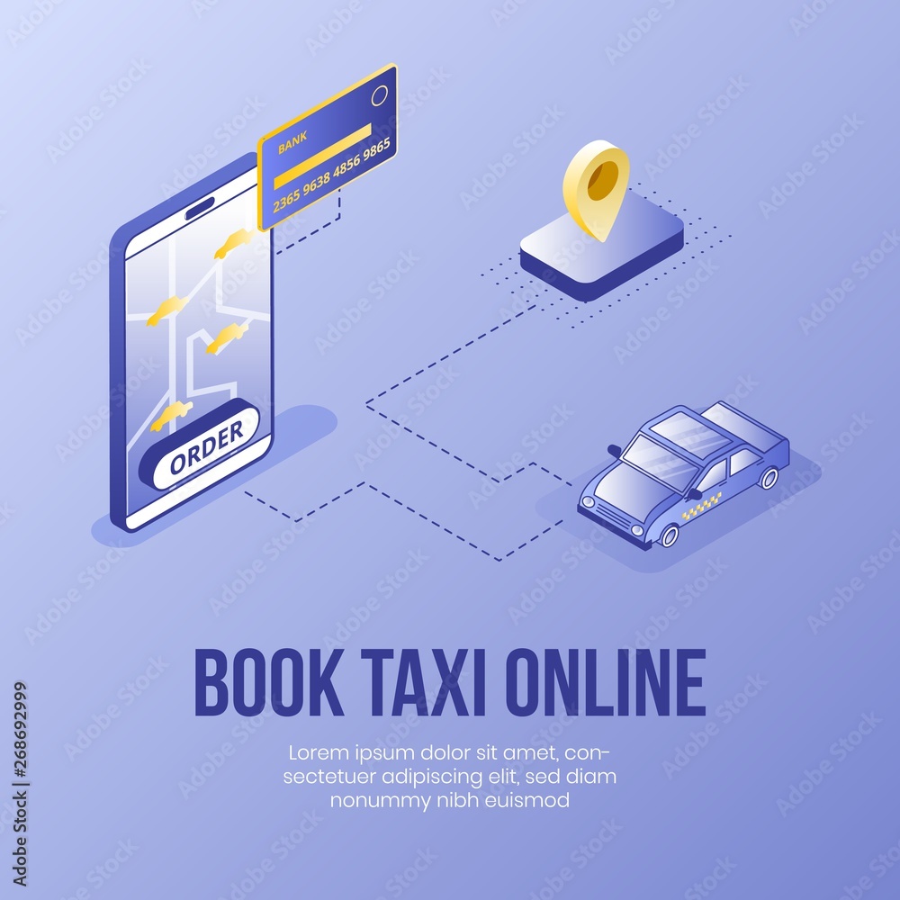 Digital isometric design concept set of online taxi booking service app ...