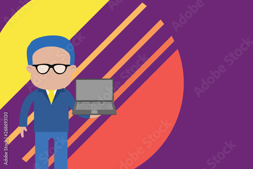 Standing man in suit wearing eyeglasses holding open laptop photo Art Design business Empty template isolated Minimalist graphic layout template for advertising