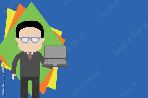 Standing man in suit wearing eyeglasses holding open laptop photo Art Design business concept Empty copy space modern abstract background
