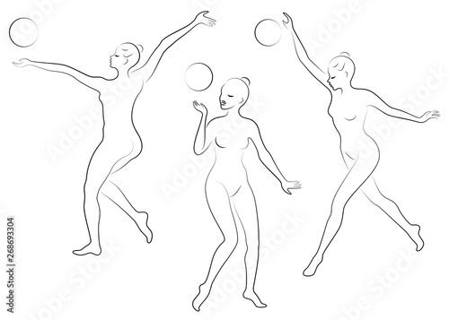 Collection. Silhouette of slender lady. Girl gymnast. The woman is flexible and graceful. She plays the ball. Graphic image. Vector illustration set