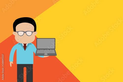 Standing man in suit wearing eyeglasses holding open laptop photo Art Design business Empty copy space text for Ad website promotion isolated Banner template