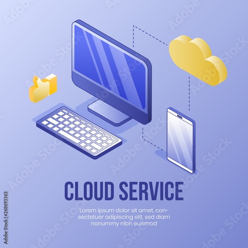 Digital isometric design concept scene-online cloud service for app,internet page,banners.Isometric business financial icons-computer,mobile phone,cloud,thumb up-web online concept