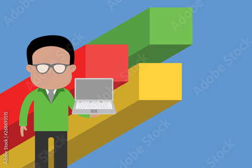 Standing man in suit wearing eyeglasses holding open laptop photo Art Design business concept Empty copy text for Web banners promotional material mock up template