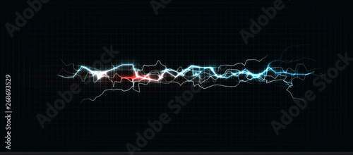 Lightning various colors, glowing thunderbolt and brightning power shock magic lines on black background. Vector illustration.