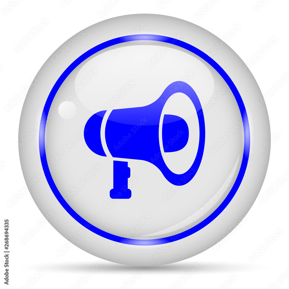Megaphone icon. White glossy round vector icon in eps 10. Editable modern design internet button on white background.