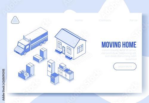 Digital isometric design concept scene of moving home helping app 3d icons.Business social illustration-isometric house,kitchen,truck car,package boxes on landing page banner web online concept