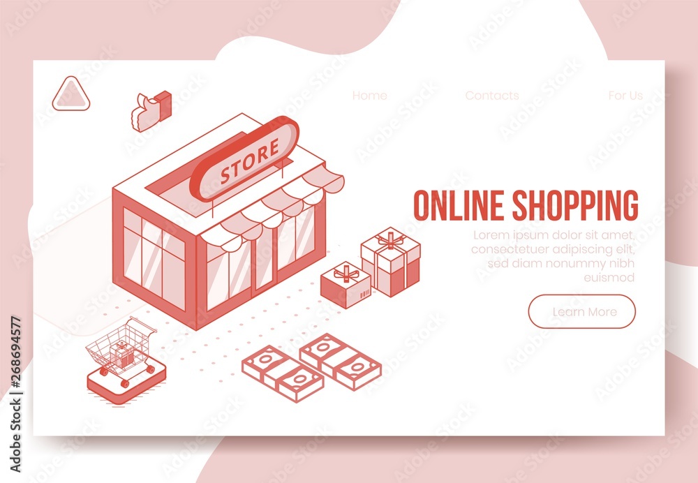 Digital isometric design concept set of online shopping app 3d icons.Business finance symbols-Isometric store,package boxes,shopping cart,dollars,thumb up on landing page banner web online concept