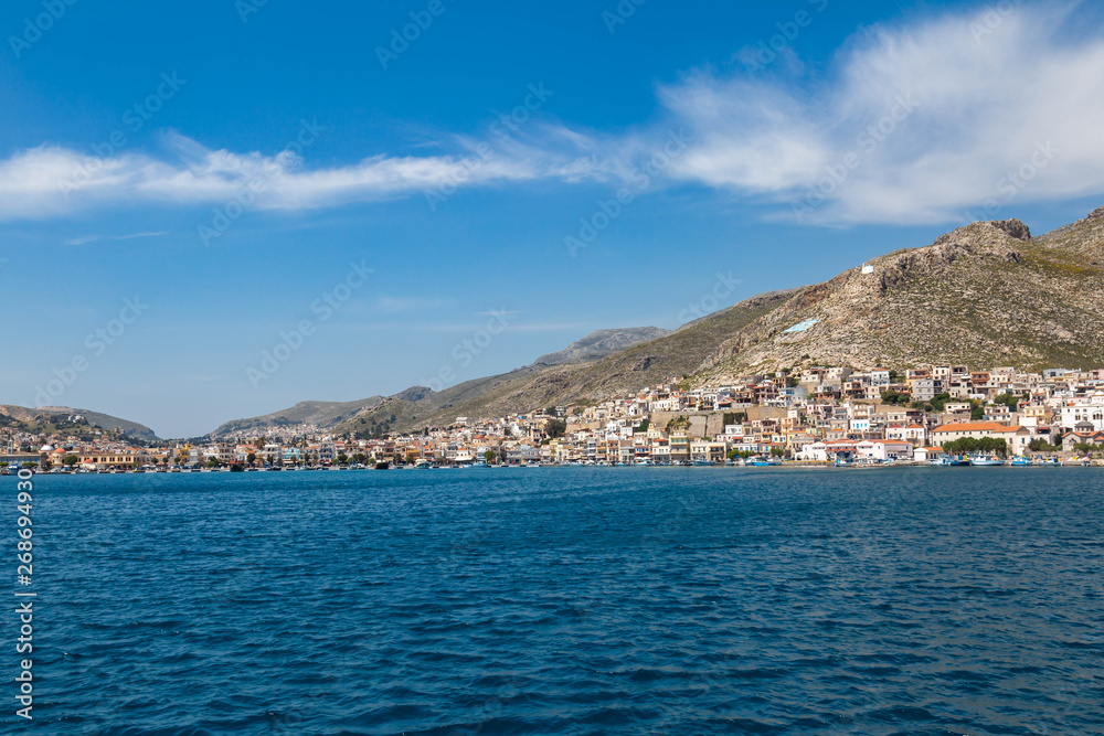 Pothia city on Kalymnos island. View form ferry.