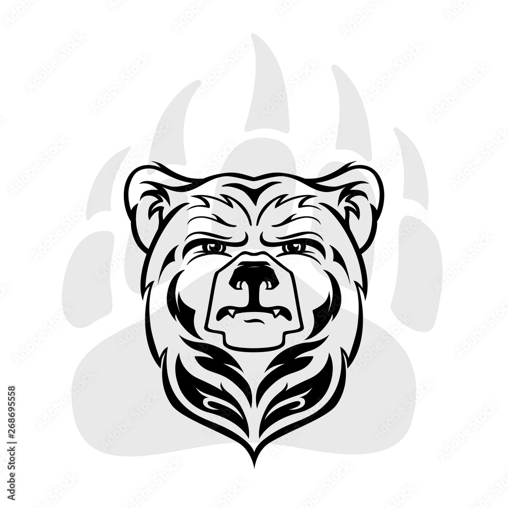 Bear Head Mascot, vector bear logo, Hand drawn maori tattoo style, for emblem, illustration, poster, icon, label, logotype, isolated, on white background.Wild animal silhouette of bear paw with claws