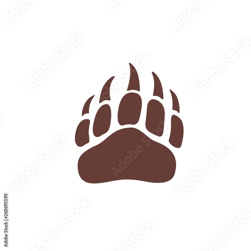Vector bear paw footstep silhouette for logo, icon, poster, banner. Wild animal paw print with claws. The trail of bear, imprint.Wildlife story, problems of ecology, sign of hunters, brave men symbol