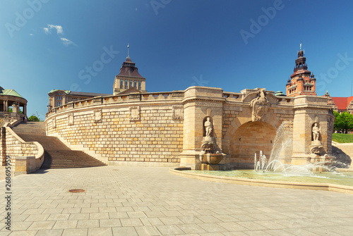 Szczecin.  Historic fountain and Architecture of the city