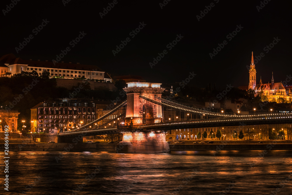 Royal Palace and the Chain Bridge in Budapest at night