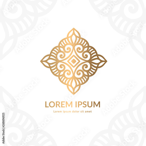 Golden vecor emblem. Elegant, classic elements. Can be used for jewelry, beauty and fashion industry. Great for logo, monogram, invitation, flyer, menu, brochure, background, or any desired idea.
