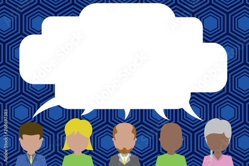 Five different races persons sharing blank speech bubble. People talking Business concept Empty template copy space isolated Posters coupons promotional material