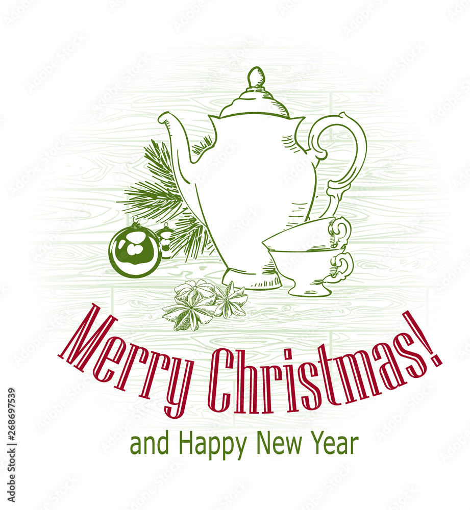 christmas card vector retro style drawn sketch tree teapot cups tea christmas card vector retro style drawn sketch tree teapot cups tea
