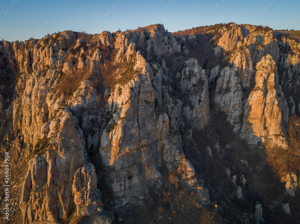Demerdzhi mountain range in the rays of the setting sun. Autonomous Republic of Crimea