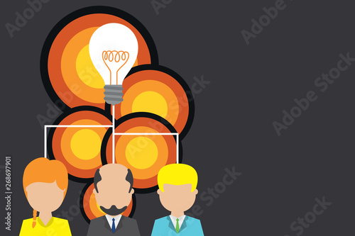 Group three executive persons sharing idea icon. Startup team meeting Design business concept Empty copy text for Web banners promotional material mock up template