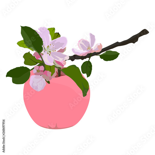 Pink apple and branch in blossom, vector flat isolated illustration