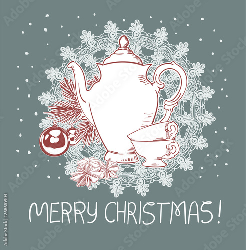 teapot cups christmas blue pink traditional vector card