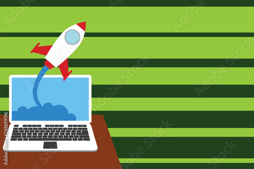 Successful rocket launching clouds out laptop background. Startup growing Design business Empty copy space text for Ad website promotion isolated Banner template © Artur