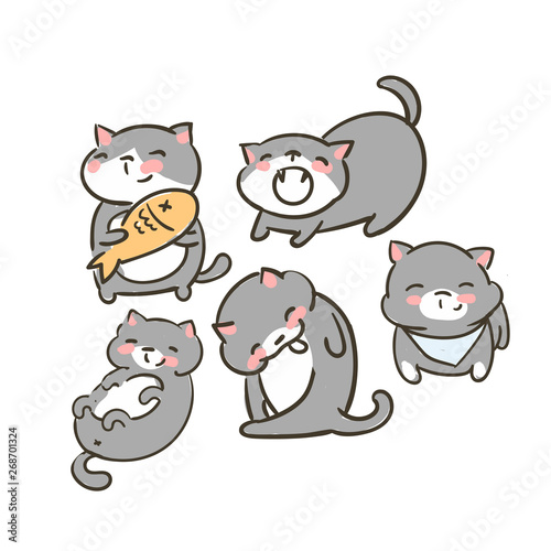 doodle cute little cat vector set grey food yawn lick lay smile