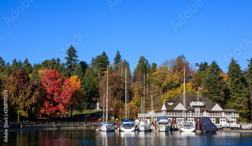 Stanley Park and seawall in Vancouver, Canada. It is largest urban park with beaches, trails, scenic seawall. It's a top attraction for tourist in Vancouver, British Columbia