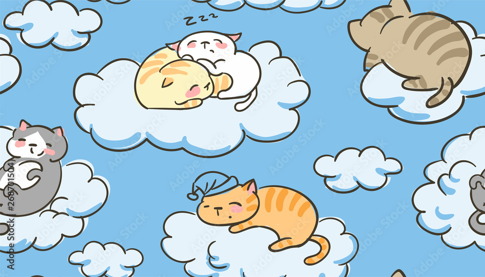 Fototapeta premium doodle cute little cat vector seamless pattern sleep clouds