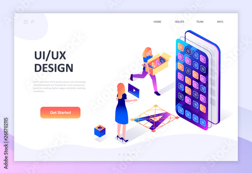 Modern flat design isometric concept of UX, UI Design decorated people character for website and mobile website development. Isometric landing page template. Vector illustration.