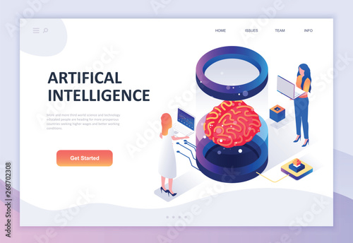 Modern flat design isometric concept of Artificial Intelligence decorated people character for website and mobile website development. Isometric landing page template. Vector illustration.