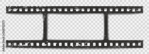 Black scratched horizontal grunge film strip with shadow on squared background. Vector illustration