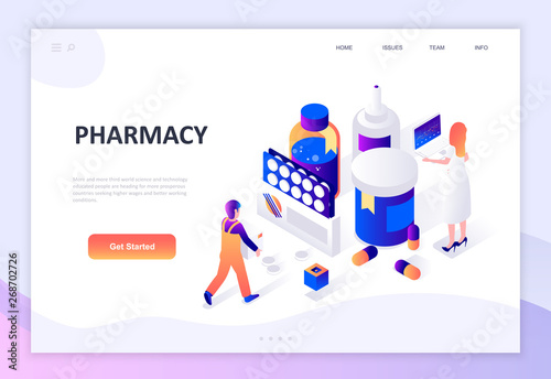 Modern flat design isometric concept of Pharmacist in Pharmacy decorated people character for website and mobile website development. Isometric landing page template. Vector illustration.