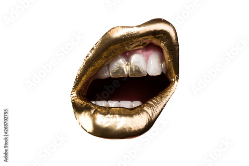 Isolated lip. Golden lips  portrait. White teeth with gold. Wealth. Luxury. Glamor life.