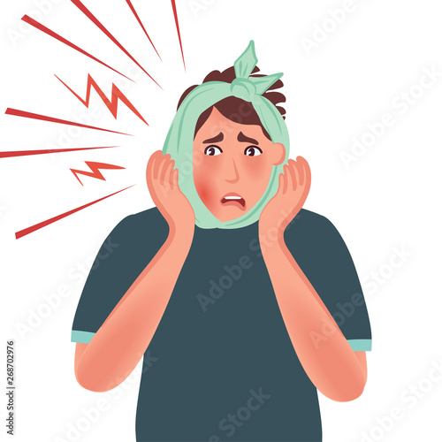Man touches his hands bandage with a bad tooth. Flux or inflammation of the gums and cheeks. Vector illustration for dentistry