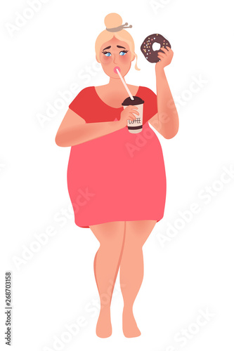 Overweight woman drinking coffee and eating a chocolate donut. Junk food. Vector graphics thick people