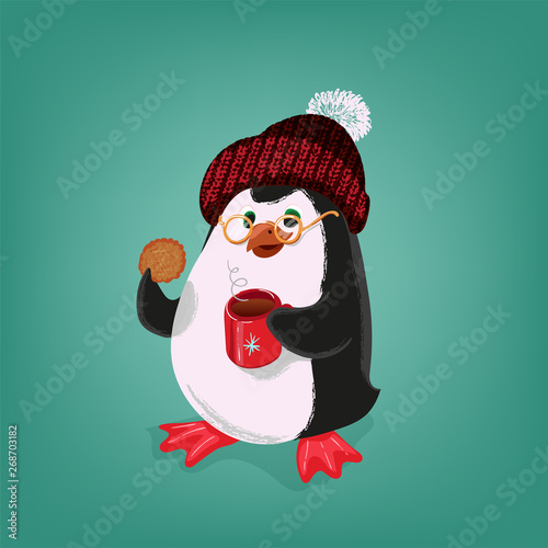 penguin with cookie and cup of tee merry vector illustration
