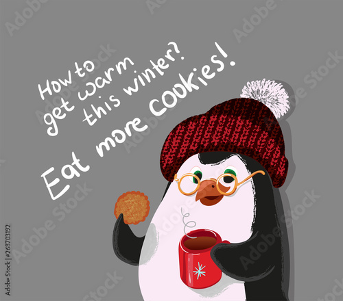 how to get warm this winter, eat more cookies, penguin vector illustration