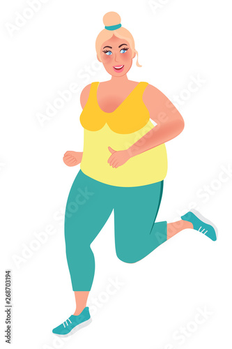 Full young girl running around. Weight loss concept. Vector graphics of a healthy lifestyle