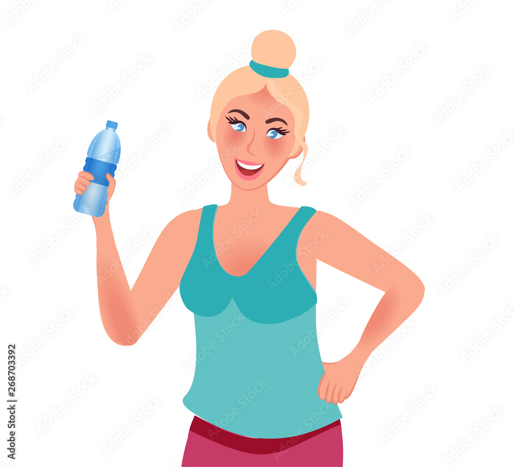 Healthy lifestyle. Sporty girl holding a bottle of water. Proper diet. Vector illustration Healthy lifestyle. Sporty girl holding a bottle of water. Proper diet. Vector illustration