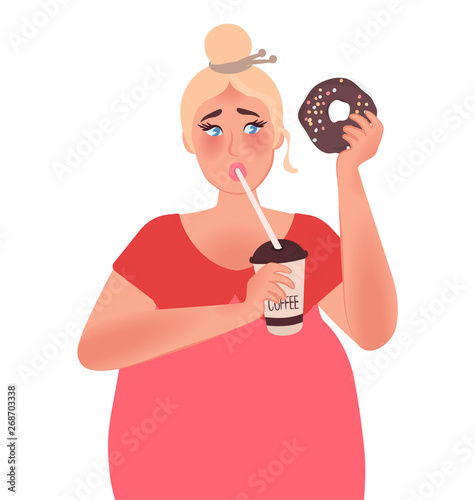 A fat woman drinks coffee and eats a chocolate donut. Junk food. Obesity vector graphics