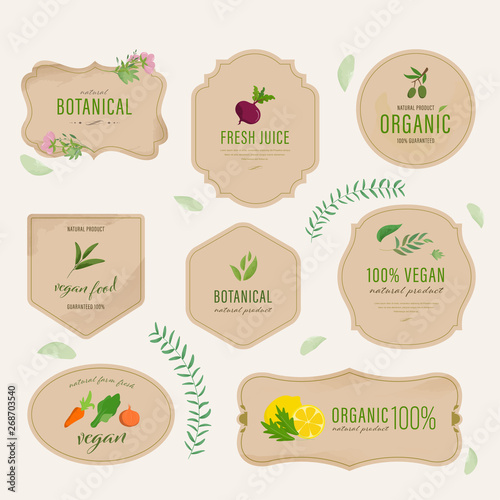 set of natural label and organic vegan banner. Farm fresh eco vintage label and badge watercolor hand drawn. photo