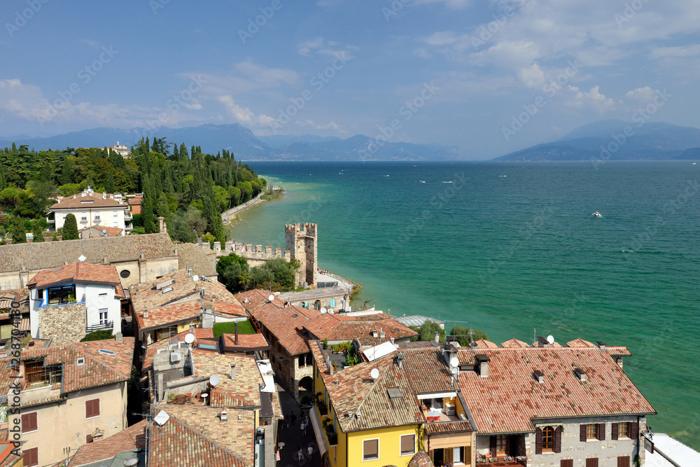View from Castle Rocca Scaligera in Sirmione, Garda Lake. spectacular view on lake, italian autumn.