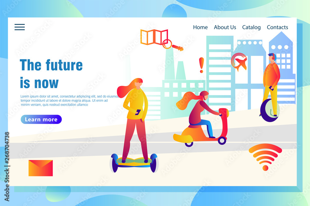 Modern technological smart city web page concept, with people using high-tech transport and different devices to find necessary data