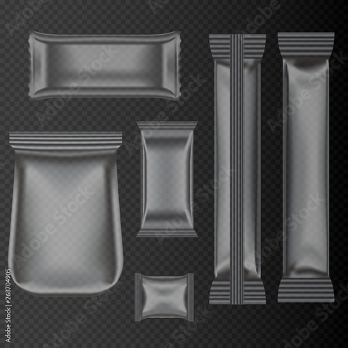 Realistic Polyethylene packaging of different size on the transparent background. Vacuum wrapping bags chocolate bar, vector mockup set.