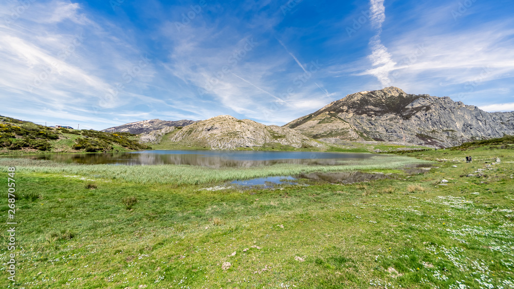 Fototapeta premium View of Isoba Lake in the Cantabrica mountain range in Leon, Spain, during spring.