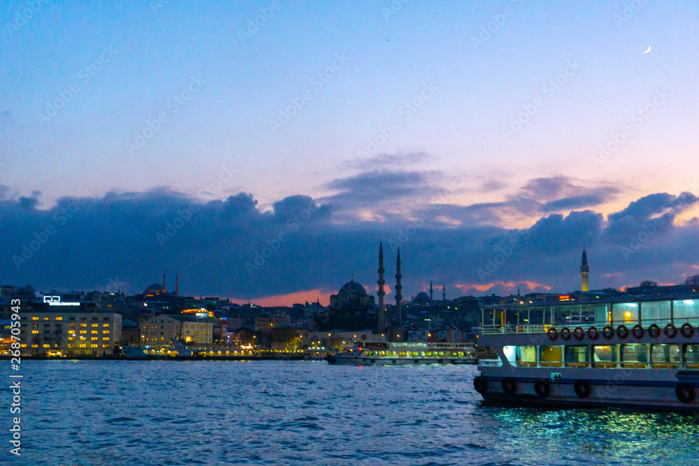 Passenger ferry goes on Golden Horn, a major urban waterway and the primary inlet of Bosphorus in Istanbul