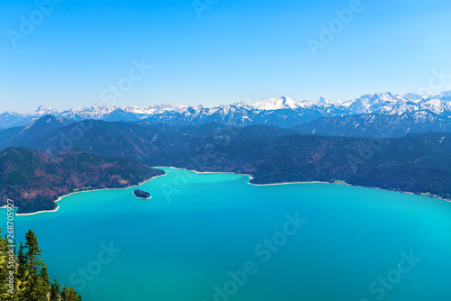 View on the Lake Walchensee from the top of Herzogstand  people can reach it with Herzogstand Cable Car  Bavaria  Germany