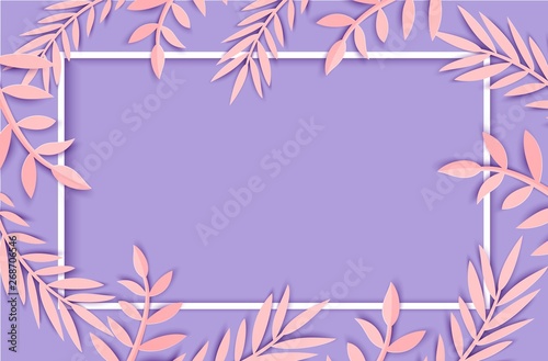 Abstract paper cut pink leaves for banner design. Party invitation. Vector floral template. Jungle foliage illustration. Tropical paper palm, monstera leaves with white frame on violet background.