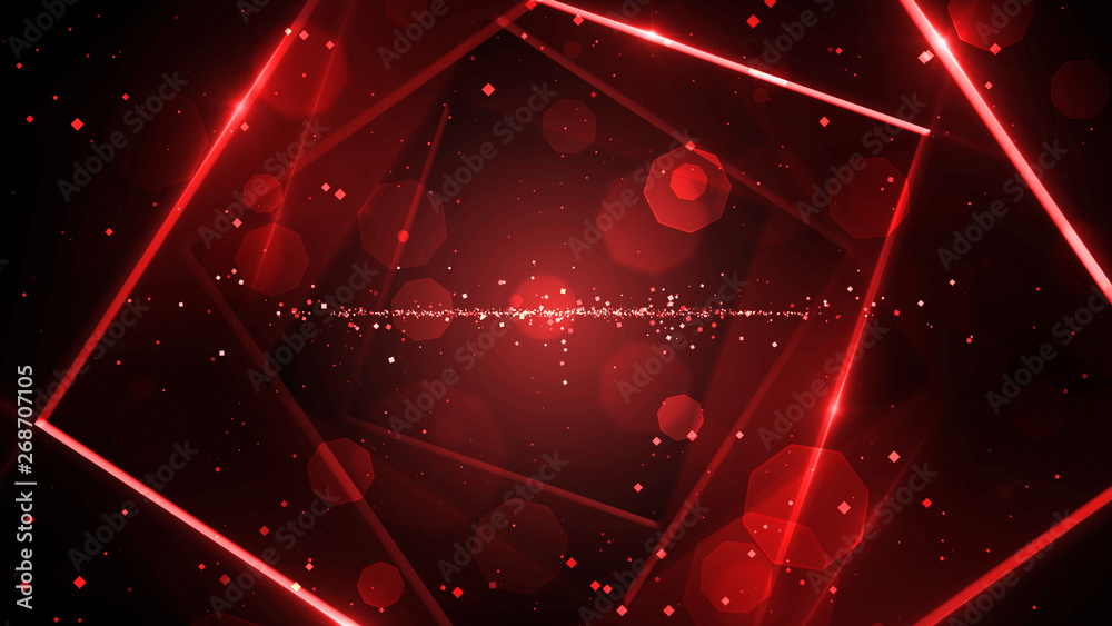 Red virtual abstract background space tunnel with neon line lights. Reality square portal arch tunnel. Spectrum vibrant colors laser show. - obrazy, fototapety, plakaty 